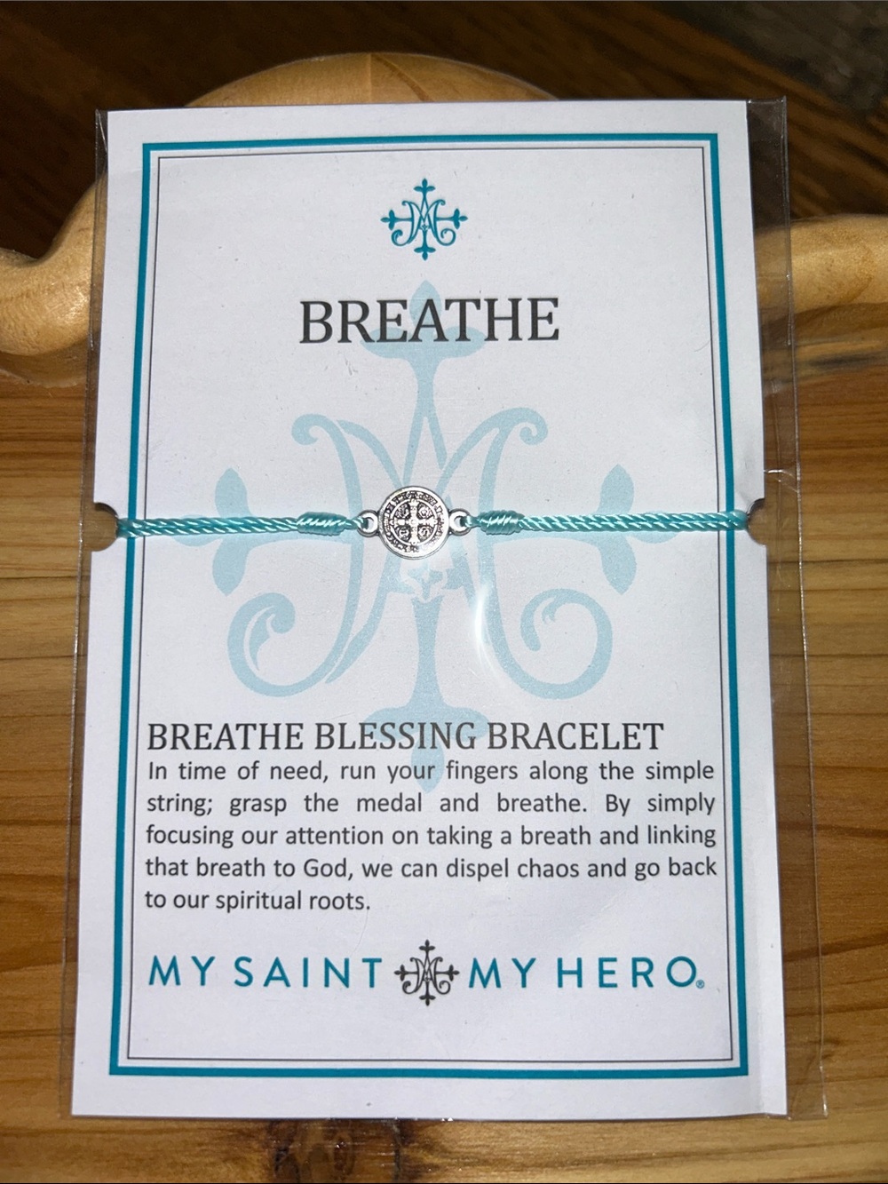 NWT My Saint My Hero Breathe Blessing Bracelet Turquoise String w/Silver Medal
